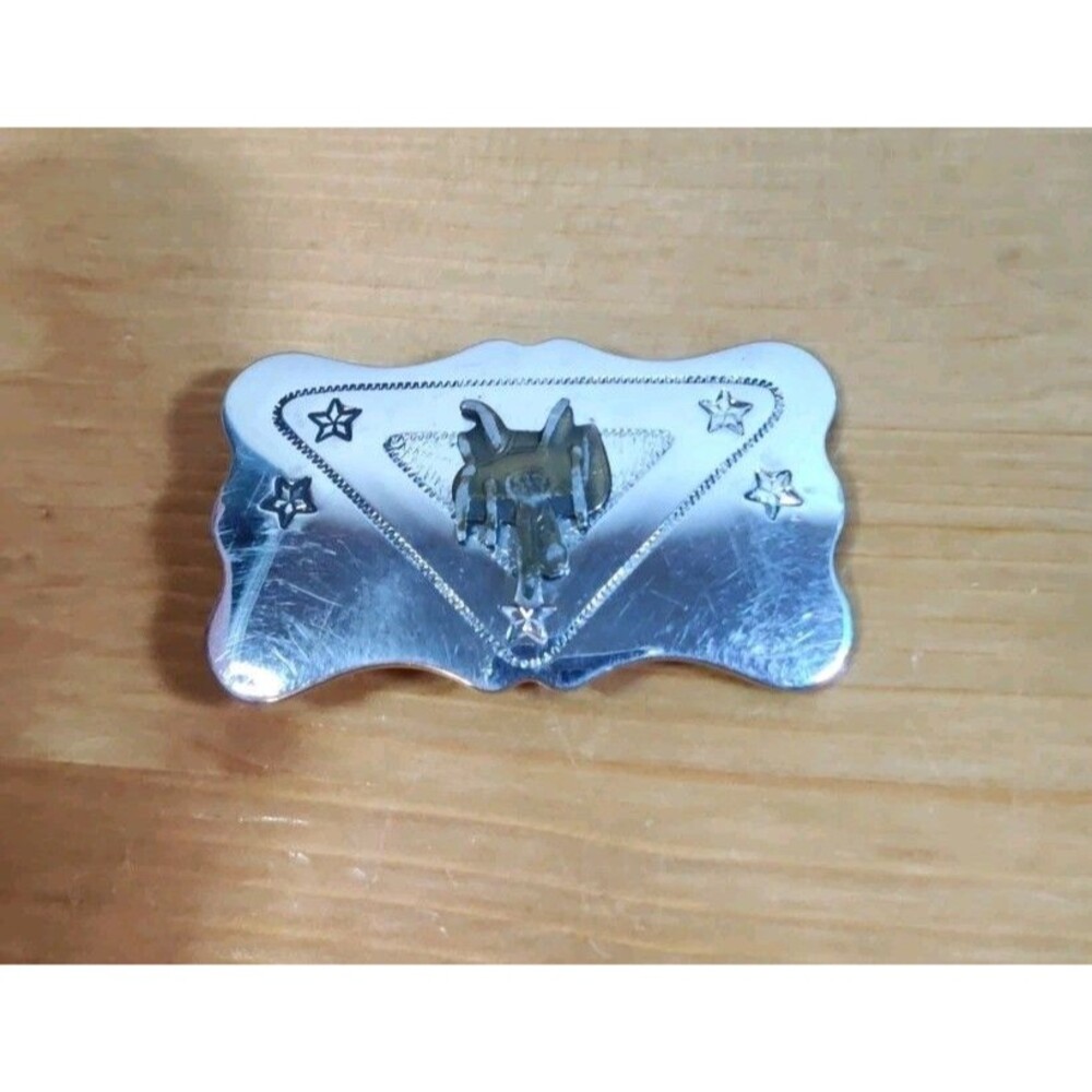 Vintage Western Horse Saddle Silvertone Belt Buckle Stars Chambers Made In USA